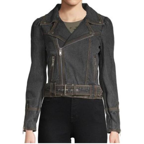 Manoush Denim Biker Jacket Motorcycle Washed Black Belted Size 40 US 8 - Picture 1 of 14